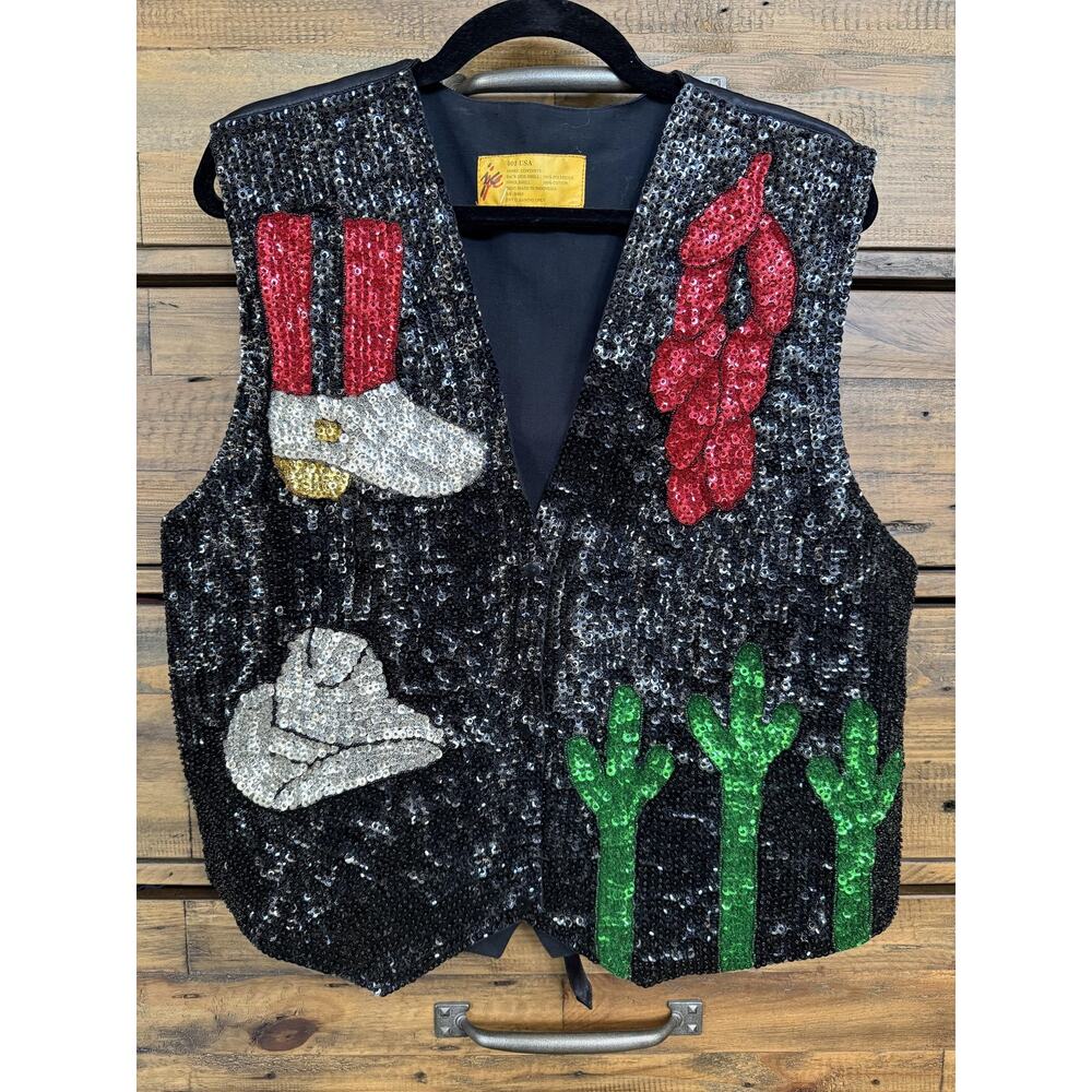 Vintage JK Vest XL Black Sequin Western Cowboy Chili Pepper Cactus 90s